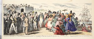 Probable Effects of Over Female Emigration or Importing the Fair Sex from Savage Islands in Consequence of Importing all our own to Australia!, pub. c.1844 (gravura colorida à mão) de George Cruikshank