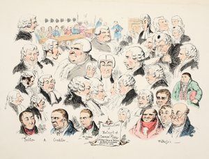 Lembranças do Tribunal de Common Pleas, pub. 1834 (gravura colorida à mão) de George Cruikshank