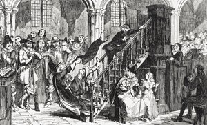 Reverendo Holdenough durante um serviço, ilustração de &39;Woodstock&39; por Sir Walter Scott (1771-1832) publicado em 1845 de George Cruikshank