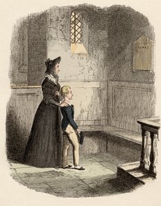 Rose Maylie e Oliver em frente à placa comemorativa de Agnes, sua irmã e mãe - Rose Maylie e Oliver - Ilustração para "Oliver Twist" (Olivier) (As Aventuras de Oliver Twist) por Charles Dickens (1812-1870), por George Cruikshank (179 de George Cruikshank