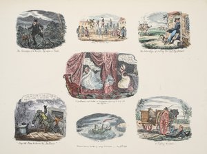 Série de ilustrações sobre as vantagens e desvantagens de possuir uma perna de pau, pub. 1828 (gravura colorida à mão) de George Cruikshank
