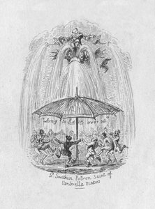 Santo padroeiro de St. Swithin dos fabricantes de guarda-chuva, 1829 de George Cruikshank