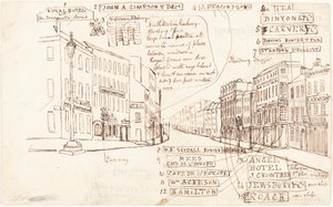 Perspectiva de rua com locais de negócios rotulados de George Cruikshank