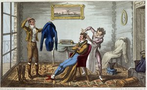 Tailleur et coiffeur à domicile - em "Life in Paris" de David Carey, doente. de George Cruikshank, ed. Fairburn, Londres de George Cruikshank