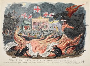 A frigideira Fiends ou Festival Anual de Tom Foolery & Vice, pub. 1832 (gravura colorida à mão) de George Cruikshank