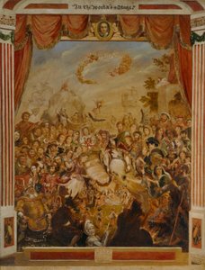 A primeira aparição de William Shakespeare (1564-1616) no palco do globo com parte de sua companhia dramática em 1564 de George Cruikshank