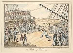 The Point of Honor, do Greenwich Hospital, uma Série de Esboços Navais, Descritivo de uma Vida de Homem de Guerra, pub. 1825 (gravura colorida à mão) de George Cruikshank