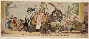 O Ensaio ou o Barão e o Elefante, estampa satírica das elaboradas produções de Kemble no Covent Garden Theatre, envolvendo animais de George Cruikshank