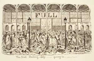 O primeiro Shilling-day - A entrar, pub. 1851 (gravura) de George Cruikshank