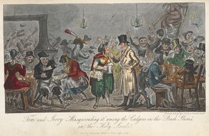 Tom e Jerry "Masquerading it" entre os cadgers nas "favelas negras", na Terra Santa, "Life in London, etc.", de Pierce Egan de George Cruikshank