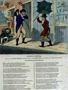 Vida na cidade: Em resposta à canção comemorativa do Capitão Morris, "A vida no campo", escrita pelo falecido Sr. Hewerdine (gravura colorida) de George Cruikshank