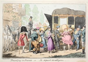 Viajar na França ou no Le Depart de la Diligence, pub. 1835 (gravura colorida à mão) de George Cruikshank