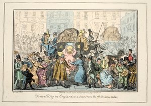 Viajando na Inglaterra - ou um Peep da White Horse Cellar, pub. 1835 (gravura colorida à mão) de George Cruikshank