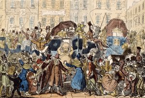Viajando na Inglaterra, ou um Peep da White Horse Adega, 1819 (gravura à mão colorida) de George Cruikshank