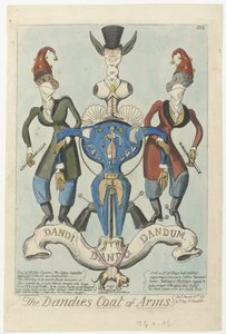 Dois macacos vestidos seguram uma arma em forma de manequim O Brasão de Armas dos Dandies (título no objeto) de George Cruikshank