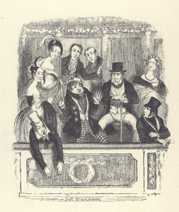 Público do teatro vitoriano se aglomera em uma caixa em um teatro londrino (gravação) de George Cruikshank