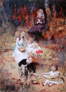 Cinco crianças brincando na floresta (óleo sobre cartão) de George Elgar Hicks