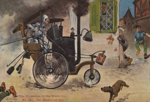 A evolução do automóvel: a idade medieval (lito a cores) de George Ernest (after) Studdy