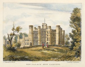 Novo palácio, Kew Gardens, prato 1 de Kew Gardens: Uma série de vinte e quatro desenhos sobre pedra, gravada por Charles Hullmandel (1789-1850), publicada em 1820 (litografia colorida à mão)