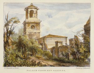 Relógio do Palácio, Kew Gardens, prato 7 de Kew Gardens: Uma série de vinte e quatro desenhos sobre pedra, gravada por Charles Hullmandel (1789-1850), publicada em 1820 (litografia colorida à mão)