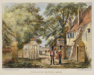 Portões do Palácio, Kew, placa 3 de Kew Gardens: Uma série de vinte e quatro desenhos sobre pedra, gravada por Charles Hullmandel (1789-1850), publicada em 1820 (litografia colorida à mão)