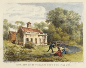 Restos do Palácio de Kew dos Jardins, prato 6 de Kew Gardens: Série de Vinte e Quatro Desenhos de Pedra, gravada por Charles Hullmandel (1789-1850), publicada em 1820 (litografia colorida à mão)
