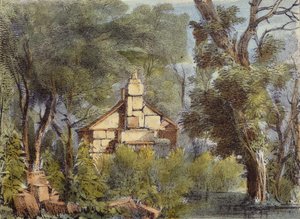 Casa de Pedra, Jardins de Richmond, placa 23 de Kew Gardens: Uma Série de Vinte e Quatro Desenhos em Pedra, gravada por Charles Hullmandel (1789-1850), publicada em 1820 (litografia colorida à mão)