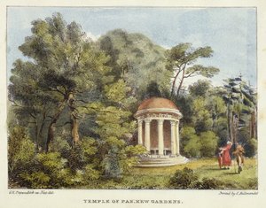 Templo de Pan, Kew Gardens, prato 12 de Kew Gardens: Uma série de vinte e quatro desenhos sobre pedra, gravada por Charles Hullmandel (1789-1850), publicada em 1820 (litografia colorida à mão)