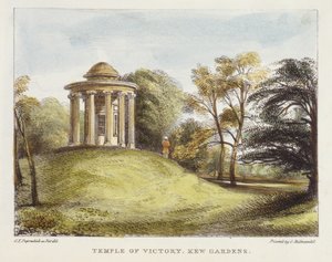 Templo do Sol, Arboreto, Kew Gardens, prato 20 de Kew Gardens: Uma Série de Vinte e Quatro Desenhos em Pedra, gravada por Charles Hullmandel (1789-1850), publicada em 1820 (litografia colorida à mão)