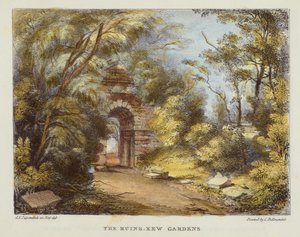The Ruins, Kew Gardens, prato 15 de Kew Gardens: Uma série de vinte e quatro desenhos sobre pedra, gravada por Charles Hullmandel (1789-1850), publicada em 1820 (litografia colorida à mão)