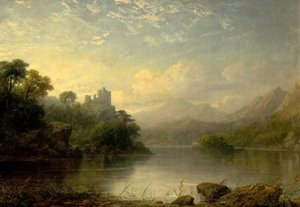 Cena do lago com castelo em ruínas e montanhas, século XIX de George F. Buchanan