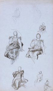 Estudos de uma figura sentada com um livro (caneta e tinta marrom e grafite sobre papel azul) de George Frederick Watts