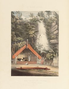 Casa de Hiwikau, mãe dos Heuneu e Cataratas de Ko Waihi, em Te Rapa, placa 21 de "The New Zealanders Illustrated", 1847 de George French Angas