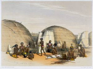 Zulu kraal em Umlazi com cabanas e telas, 1849