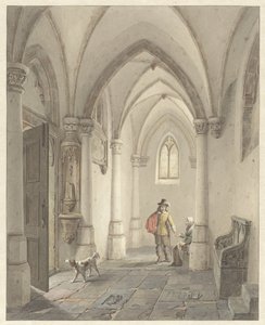 Interior da igreja com homem a dar esmola à mendiga