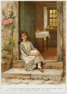 Sarah Shilton, protótipo de Caterinas, sentada cantando na porta de sua mãe em Coton, atrai a atenção de Lady Newdegate e é levada para morar em Arbury de George Goodwin Kilburne