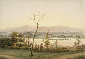 Early Twilight, Kaatskill Catskill Landing e Mountains from the East Bank of the Hudson, Nova York, 1840 (aquarela, grafite, vidros seletivos, guache e toques de arranhar no papel para
