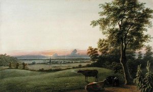 Sunrise - Flatbush and the Ocean from the Greenwood Cemetery, Long Island, New York, c.1830-40 (aquarela, guache e grafite sobre papel)