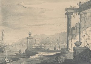 Uma cena costeira com uma ruína clássica à direita, 1811. de George Hawkins