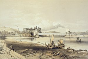 Conway Bridge, construção do segundo tubo, setembro de 1848, gravado pelo artista