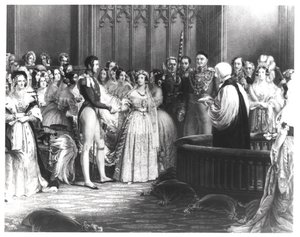 Casamento da Rainha Vitória (1819-1901) e do Príncipe Albert (1819-1861) no Palácio de St. James em 10 de fevereiro de 1840, gravado por Charles Eden Wagstaff, 1840