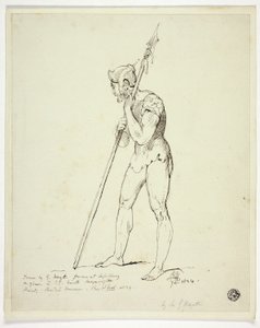 Homem em pé de armadura segurando a lança de George Hayter