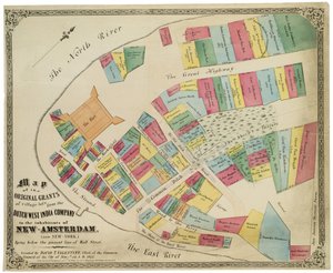 Mapa das concessões originais de lotes de aldeias da Companhia Holandesa das Índias Ocidentais para os habitantes de New-Amsterdam (agora Nova-York), abaixo da atual linha de Wall Street, 1857 (tinta preta, com colou