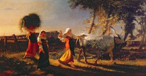 Mulheres camponesas italianas no Campagna dirigindo um boi
