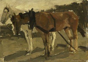 Um cavalo castanho e um cavalo branco em Scheveningen de George Hendrik Breitner