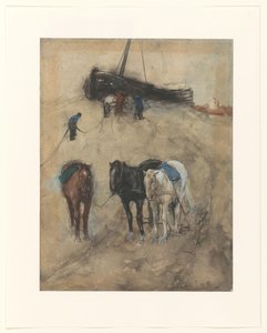 Cavalos na praia, ao fundo uma barcaça e pescadores de George Hendrik Breitner