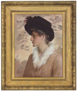 Retrato de uma senhora, meio comprimento, usando um chapéu preto e estola de pele, 1888 de George Henry Boughton