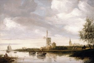 Uma paisagem de rio com barcaças e veleiros e uma igreja além de George Henry Clements