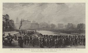 Sua Majestade a Rainha Distribuindo Medalhas para os Heróis da Crimeia no Desfile das Guardas a Cavalo, 21 de maio de 1855 de George Housman Thomas