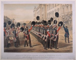 Desfile dos Guardas Escoceses Fusileiros no Palácio de Buckingham na manhã de sua partida para o Assento da Guerra, em 2 de março de 1854, gravado por E. Walker, publicado por Colnaghi und Co., 1854 de George Housman Thomas